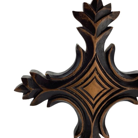 Pier 1 Imports Wood Carved Cross India Made Stands 13.5" x 6" Dark Brown - Picture 2 of 7